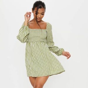 NWOT Pretty Little Thing Green Gingham Shirred Smock Dress